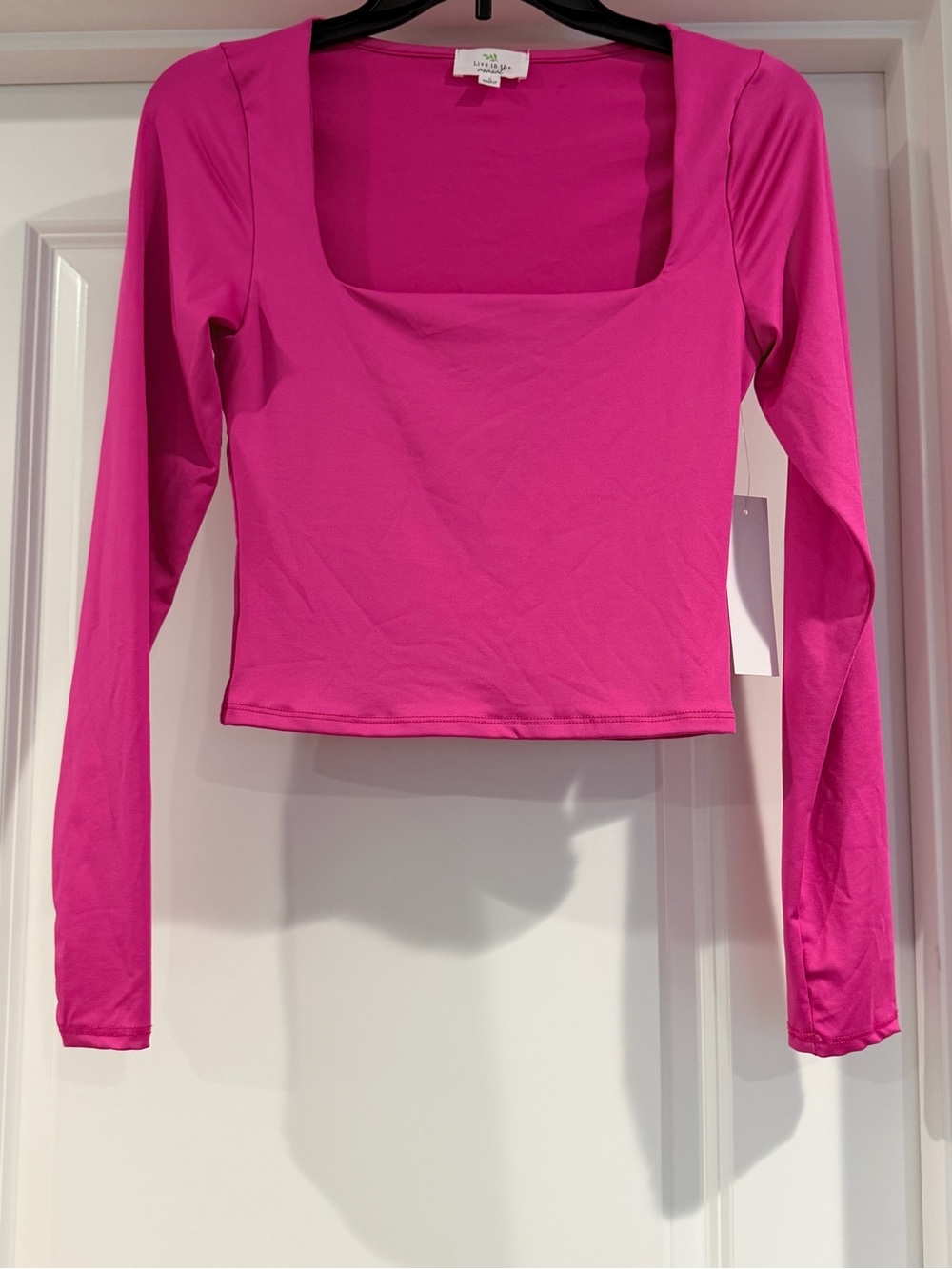 Square Neck Long Sleeve Crop Top - Hot Pink